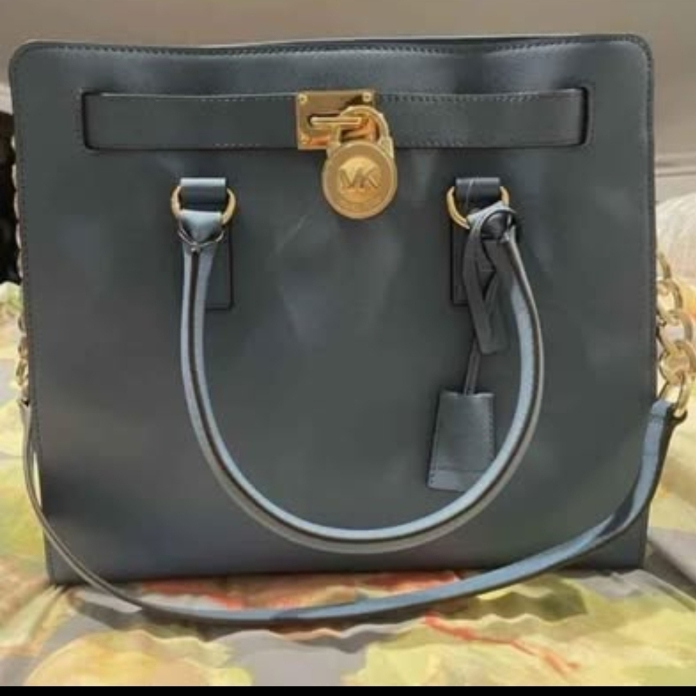 Michael Kors Slate Blue Leather Tote with Gold Hardware